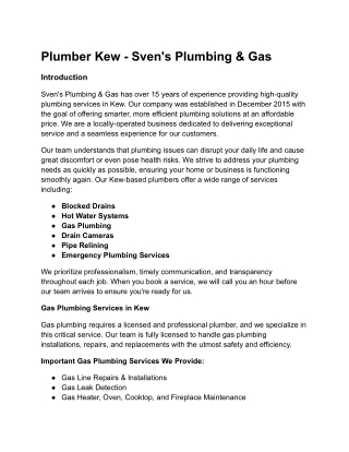 Expert Plumbing Services in Kew - Sven’s Plumbing & Gas