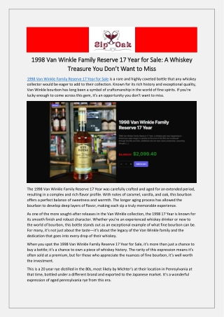 1998 Van Winkle Family Reserve 17 Year for Sale: A Whiskey Treasure You Don’t Wa