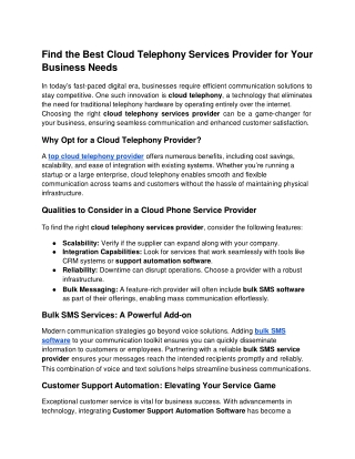 Find the Best Cloud Telephony Services Provider for Your Business Needs