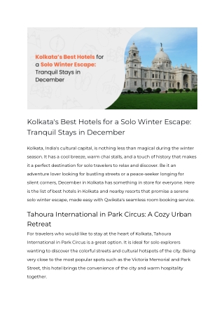 Kolkata's Best Hotels for a Solo Winter Escape: Tranquil Stays in December