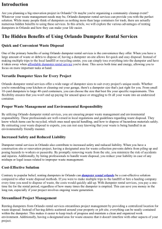 “The Hidden Benefits of Using Orlando Dumpster Rental Services”