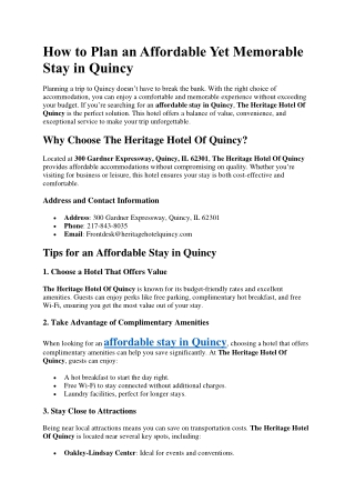 How to Plan an Affordable Yet Memorable Stay in Quincy?