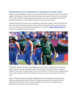 Shadab Khan Eyes Comeback for Champions Trophy 2025