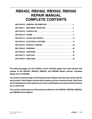 CASE RBX452, RBX462, RBX552 and RBX562 Round Balers Service Repair Manual Instant Download (Part Number 87352306)