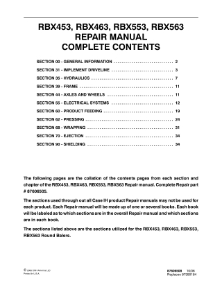 CASE RBX453, RBX463, RBX553, RBX563 Round Balers Service Repair Manual Instant Download (Part Number 87606505)