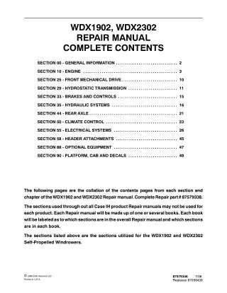 CASE WDX1902 and WDX2302 Self-Propelled Windrowers Service Repair Manual Instant Download (Part Number 87579338)