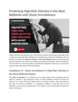Protecting High-Risk Vehicles in the West Midlands with Ghost Immobilisers