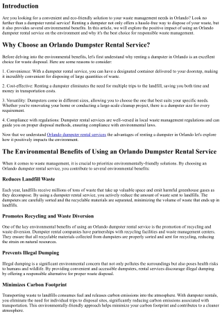 “The Environmental Benefits of Using an Orlando Dumpster Rental Service”