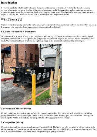 The Leading Provider of Dumpster Rentals in Orlando