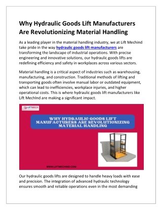 Why Hydraulic Goods Lift Manufacturers Are Revolutionizing Material Handling