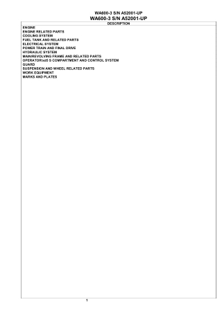 Komatsu WA600-3 Wheel Loader Parts Catalogue Manual Instant Download (SN A52001 AND UP)