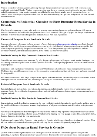 Commercial vs Residential: Choosing the Right Dumpster Rental Service in Orlando