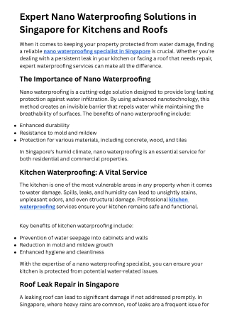 Expert Nano Waterproofing Solutions in Singapore for Kitchens and Roofs