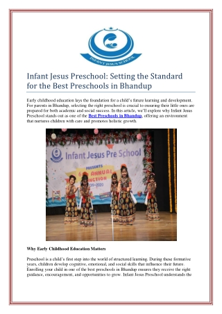 Infant Jesus Preschool: Setting the Standard for the Best Preschools in Bhandup