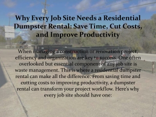 Why Every Job Site Needs a Residential Dumpster Rental, Save Time, Cut Costs, and Improve Productivity