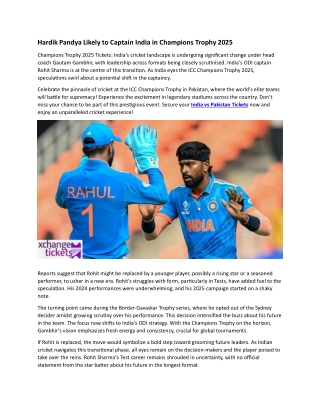 Hardik Pandya Likely to Captain India in Champions Trophy 2025