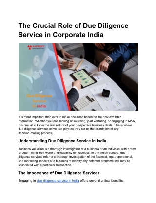 The Crucial Role of Due Diligence Services in Corporate India