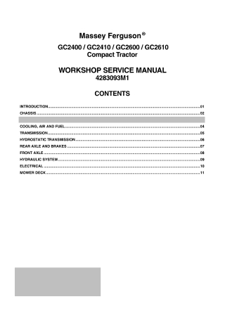 Massey Ferguson GC2400  GC2410  GC2600  GC2610 Compact Tractor Service Repair Manual Instant Download (Part No. 4283093M