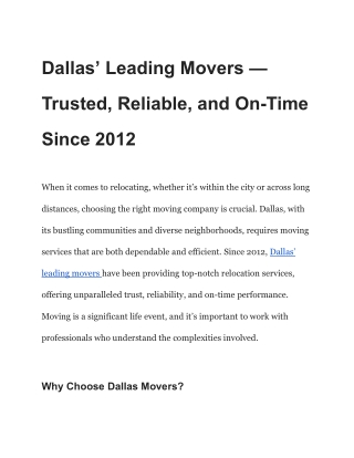 Dallas’ Leading Movers — Trusted, Reliable, and On-Time Since 2012