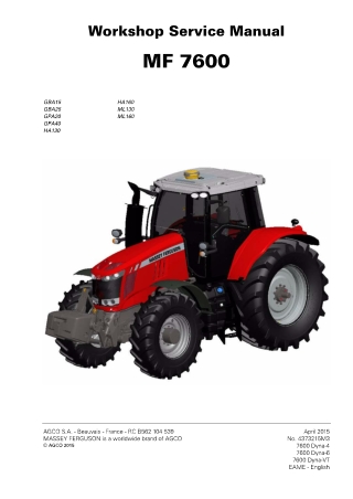 Massey Ferguson MF7600 (MF7614 MF7615 MF7616 MF7618 MF7619 MF7620 MF7622 MF7624 MF7626) Tractor Service Repair Manual In