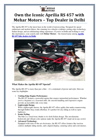 Aprilia RS 457 Bike Dealers in Delhi - Mehar Motors
