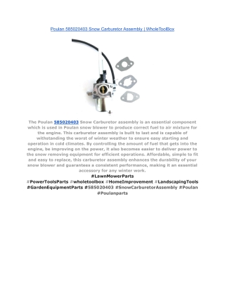 Poulan 585020403 Snow Carburetor Assembly _ WholeToolBox