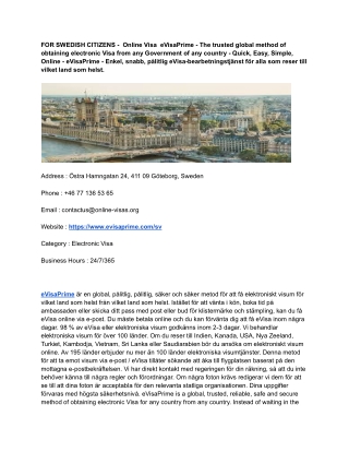 104th FOR SWEDISH CITIZENS -  Online Visa  eVisaPrime - The trusted global method of obtaining electronic Visa from any