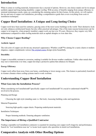 Copper Roof Installation: A Unique and Long-lasting Choice