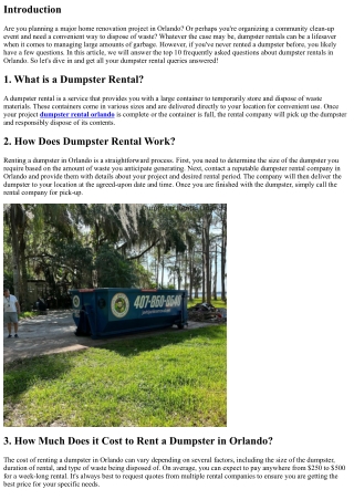 Top 10 FAQ's About Dumpster Rentals Answered - Orlando Edition