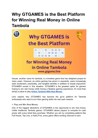 Why GTGAMES is the Best Platform for Winning Real Money in Online Tambola