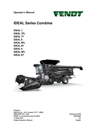 Fendt IDEAL 7  7PL  7T  8  8PL  8T  9  9PL  9T Combine Operator Manual Instant Download (Part No. 79037446B)