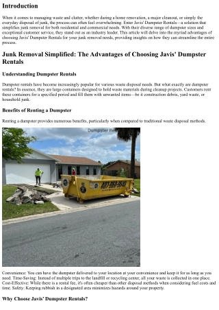 Junk Removal Simplified: The Advantages of Choosing Javis' Dumpster Rentals