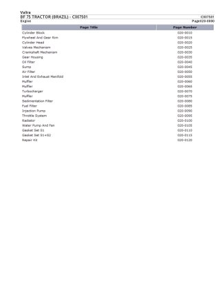 Valtra BF 75 TRACTOR (BRAZIL) Tractor Parts Catalogue Manual Instant Download (Part No. C007501)