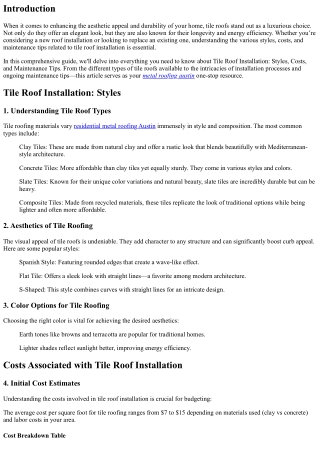 Tile Roof Installation: Styles, Costs, and Maintenance Tips