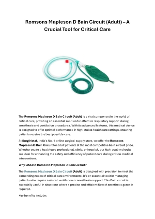 Romsons Mapleson D Bain Circuit (Adult) – A Crucial Tool for Critical Care