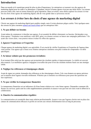 Les erreurs à éviter lors du choix d'une agence de marketing digital