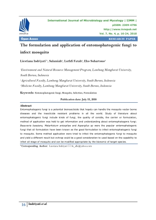 The formulation and application of entomophatogenic fungi to infect mosquito