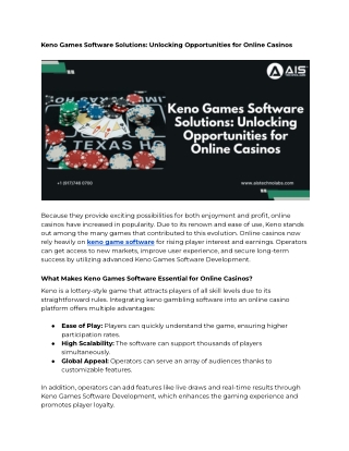 Keno Games Software Solutions: Unlocking Opportunities for Online Casinos