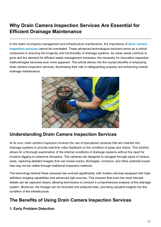 Why Drain Camera Inspection Services Are Essential for Efficient Drainage Maintenance