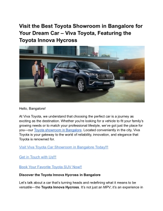 Visit the Best Toyota Showroom in Bangalore for Your Dream Car – Viva Toyota, Featuring the Toyota Innova Hycross