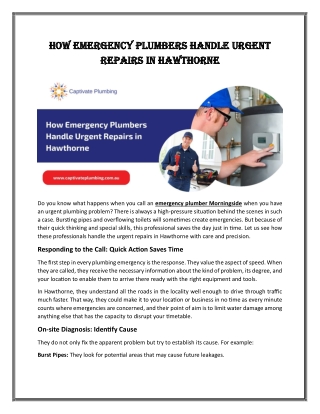 How Emergency Plumbers Handle Urgent Repairs in Hawthorne