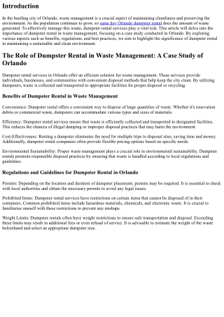 The Role of Dumpster Rental in Waste Management: A Case Study of Orlando