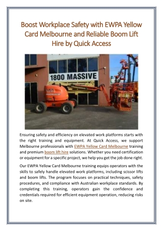 Boost Workplace Safety with EWPA Yellow Card Melbourne and Reliable Boom Lift Hire by Quick Access