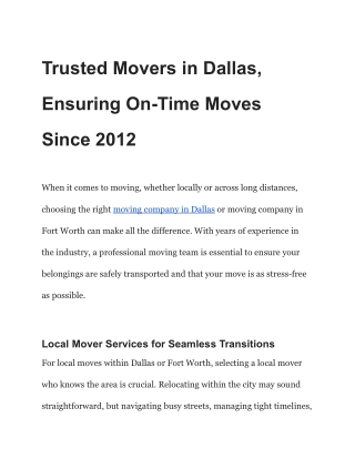 Trusted Movers in Dallas, Ensuring On-Time Moves Since 2012