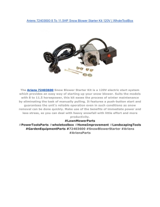 Ariens 72403600 8 To 11.5HP Snow Blower Starter Kit 120V _ WholeToolBox