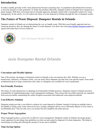 The Future of Waste Disposal: Dumpster Rentals in Orlando.