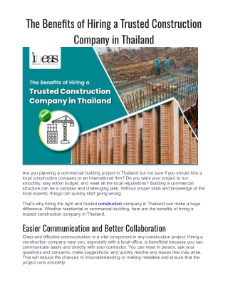 The Benefits of Hiring a Trusted Construction Company in Thailand