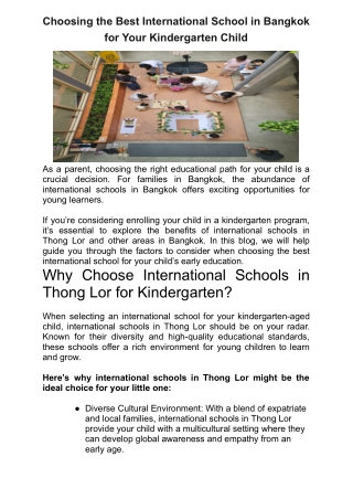 Choosing the Best International School in Bangkok for Your Kindergarten Child