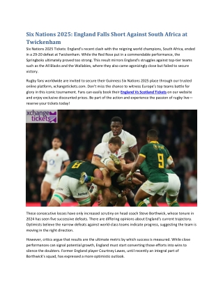 Six Nations 2025 England Falls Short Against South Africa at Twickenham