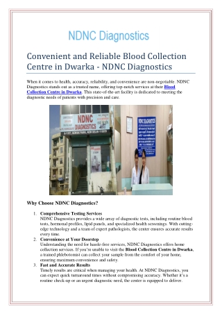 Convenient and Reliable Blood Collection Centre in Dwarka - NDNC Diagnostics